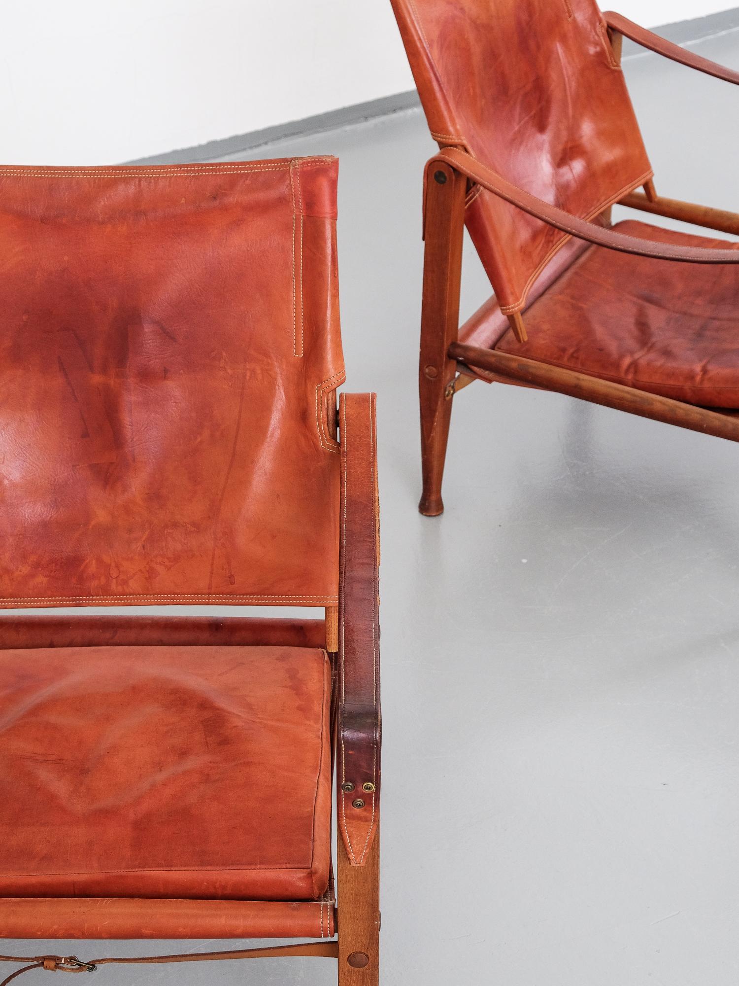 Scandinavian Modern Pair of Kaare Klint Safari Chairs in Tan Leather, Rud Rasmussen, Denmark, 1960