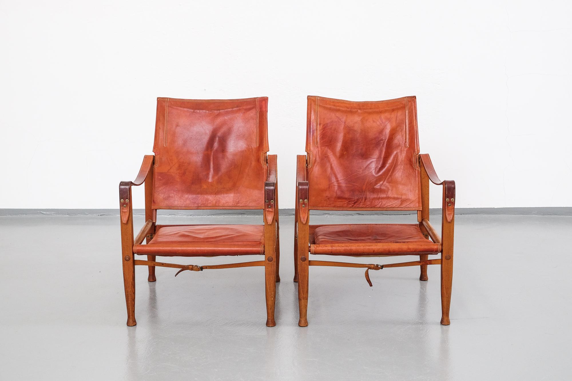 Danish Pair of Kaare Klint Safari Chairs in Tan Leather, Rud Rasmussen, Denmark, 1960