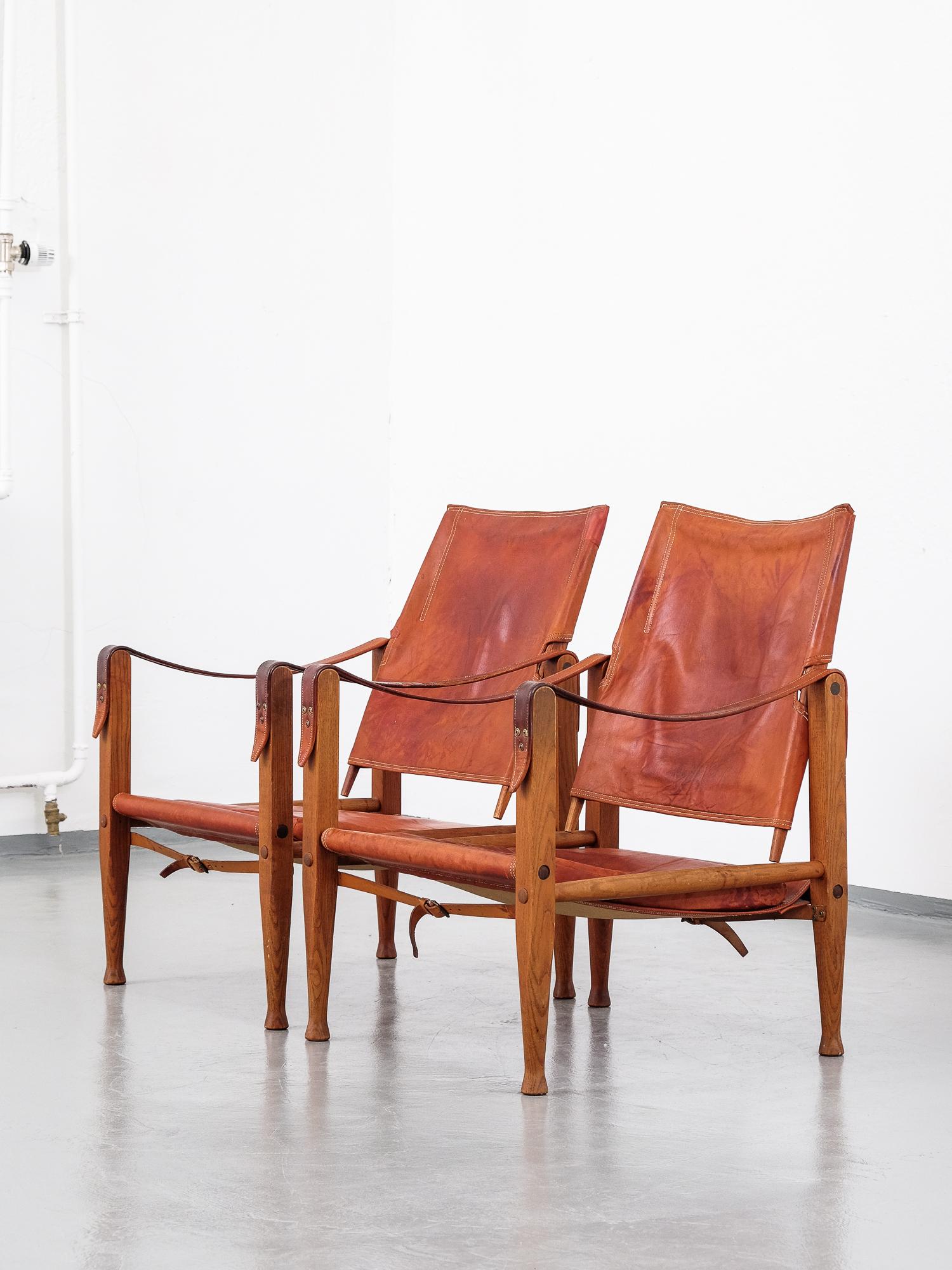 Pair of Kaare Klint Safari Chairs in Tan Leather, Rud Rasmussen, Denmark, 1960 In Good Condition In Helsinki, FI