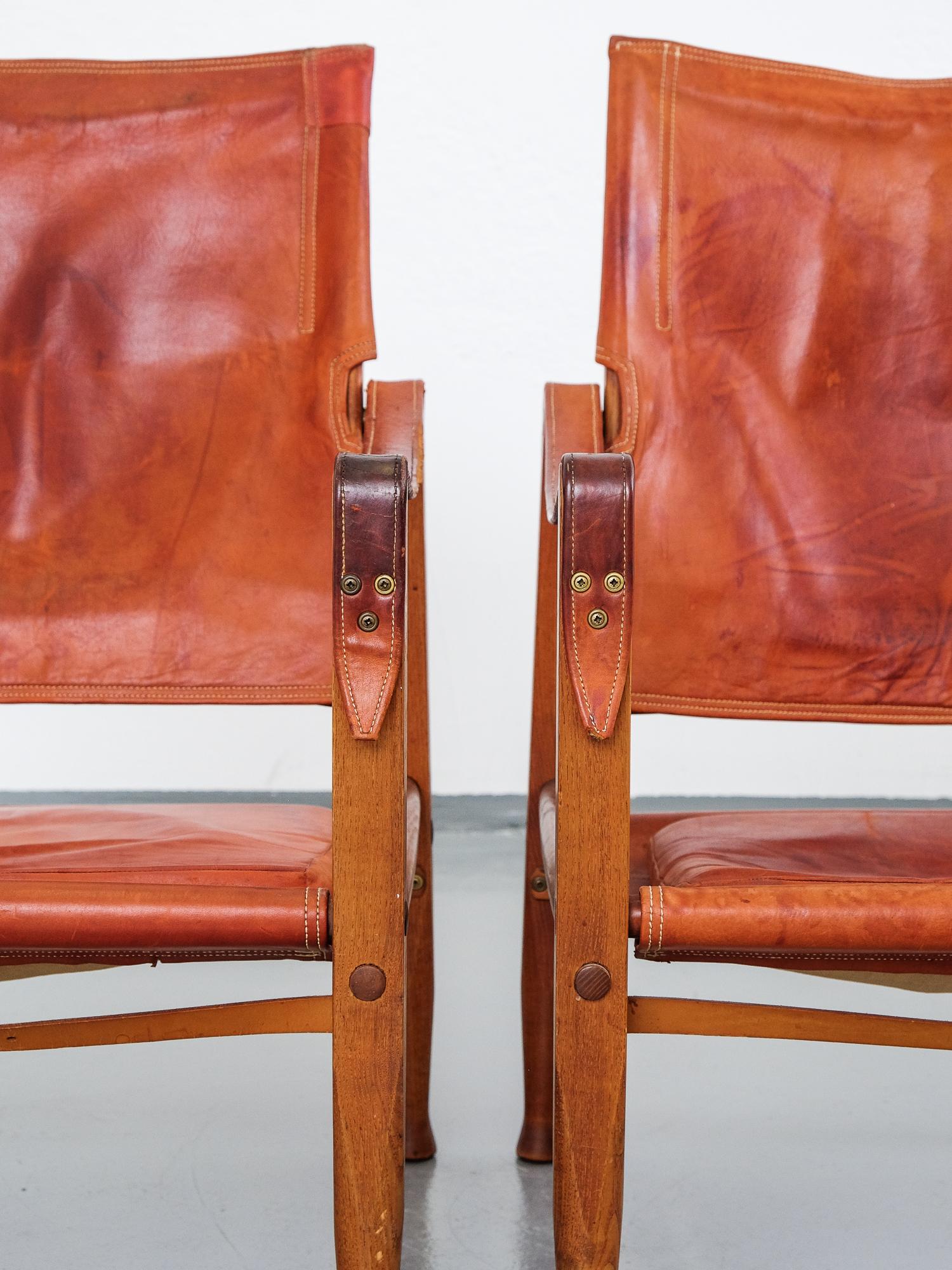 Mid-20th Century Pair of Kaare Klint Safari Chairs in Tan Leather, Rud Rasmussen, Denmark, 1960