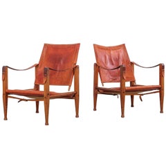 Pair of Kaare Klint Safari Chairs in Tan Leather, Rud Rasmussen, Denmark, 1960