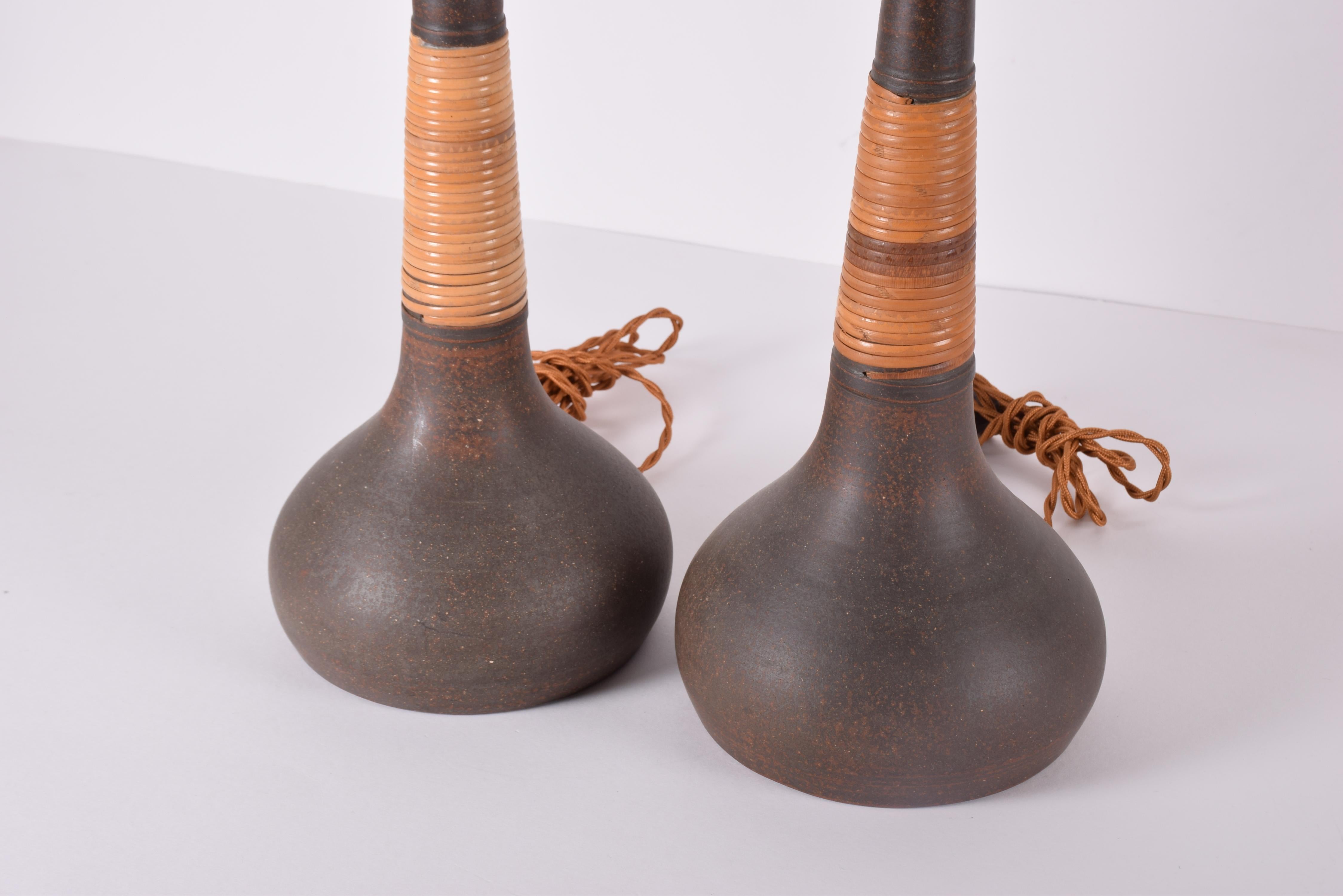 Mid-20th Century Pair of Kähler Le Klint Tall Table Lamps Brown with Cane Danish Midcentury 1960s For Sale