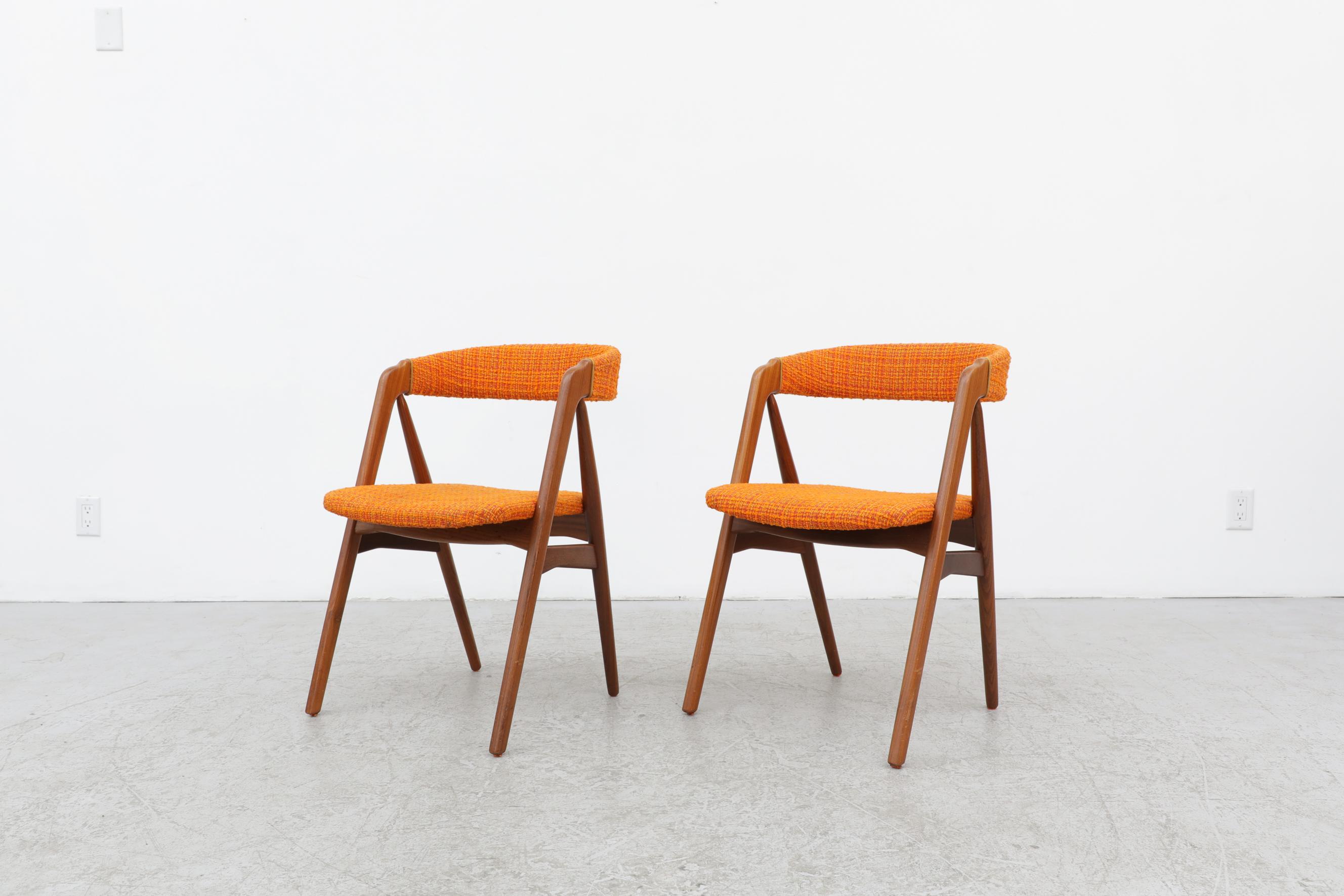 Mid-Century Modern Pair of Kai Kristiansen Chairs with Original Orange Upholstered Seats