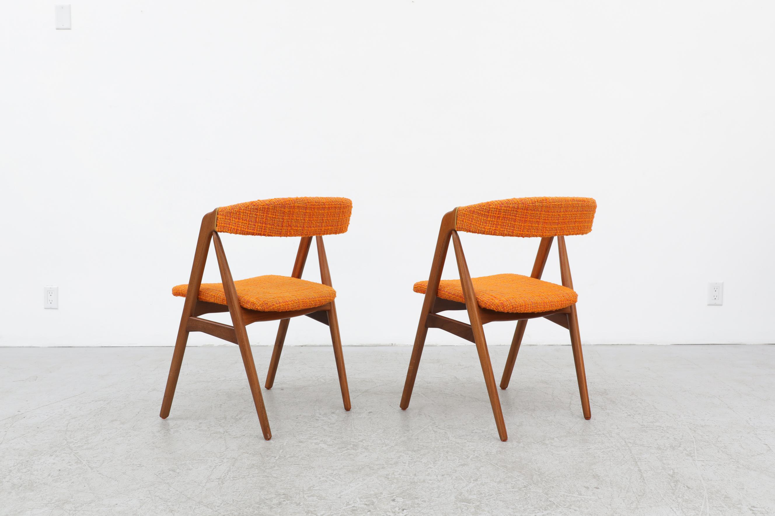 Pair of Kai Kristiansen Chairs with Original Orange Upholstered Seats In Good Condition In Los Angeles, CA