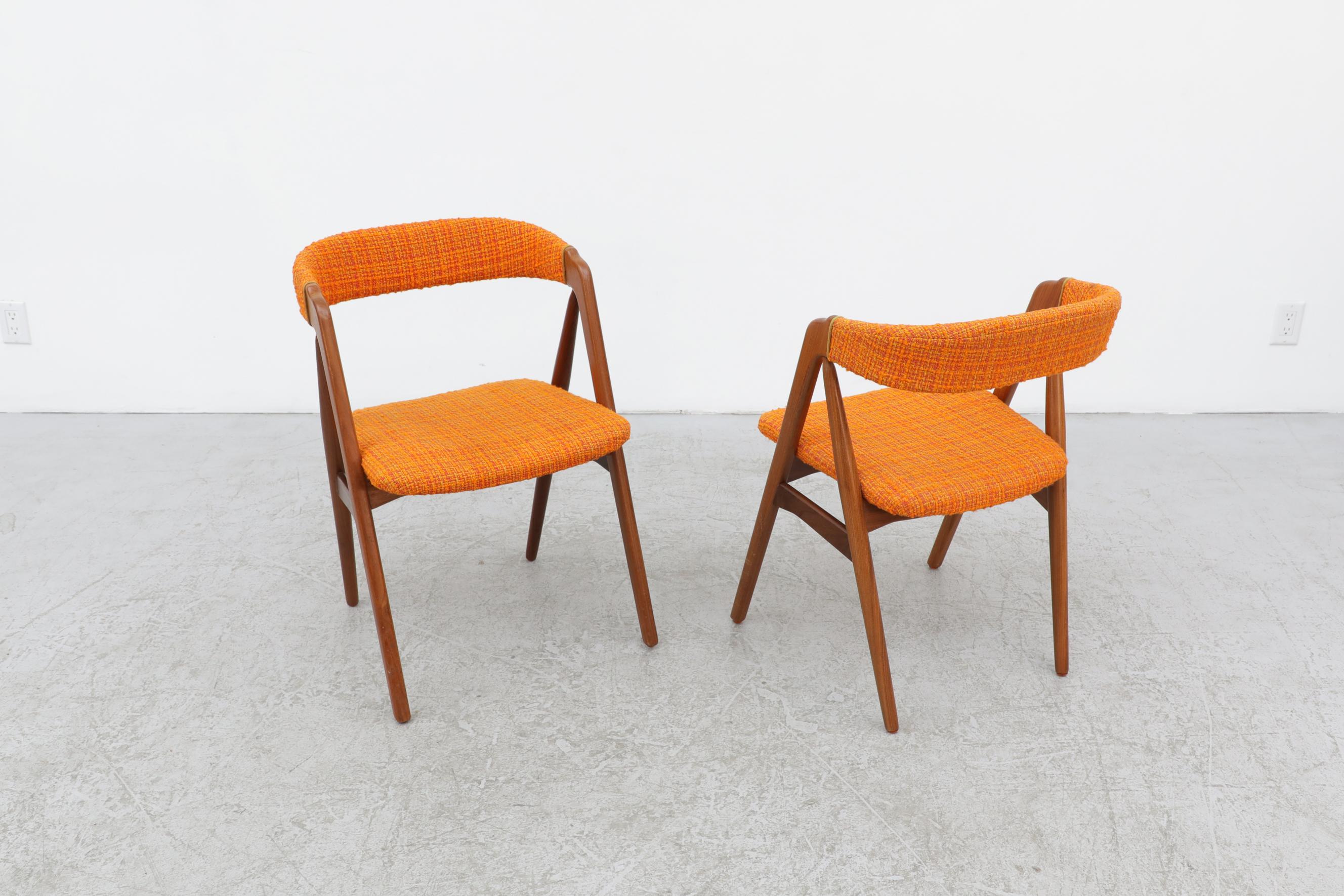 Teak Pair of Kai Kristiansen Chairs with Original Orange Upholstered Seats