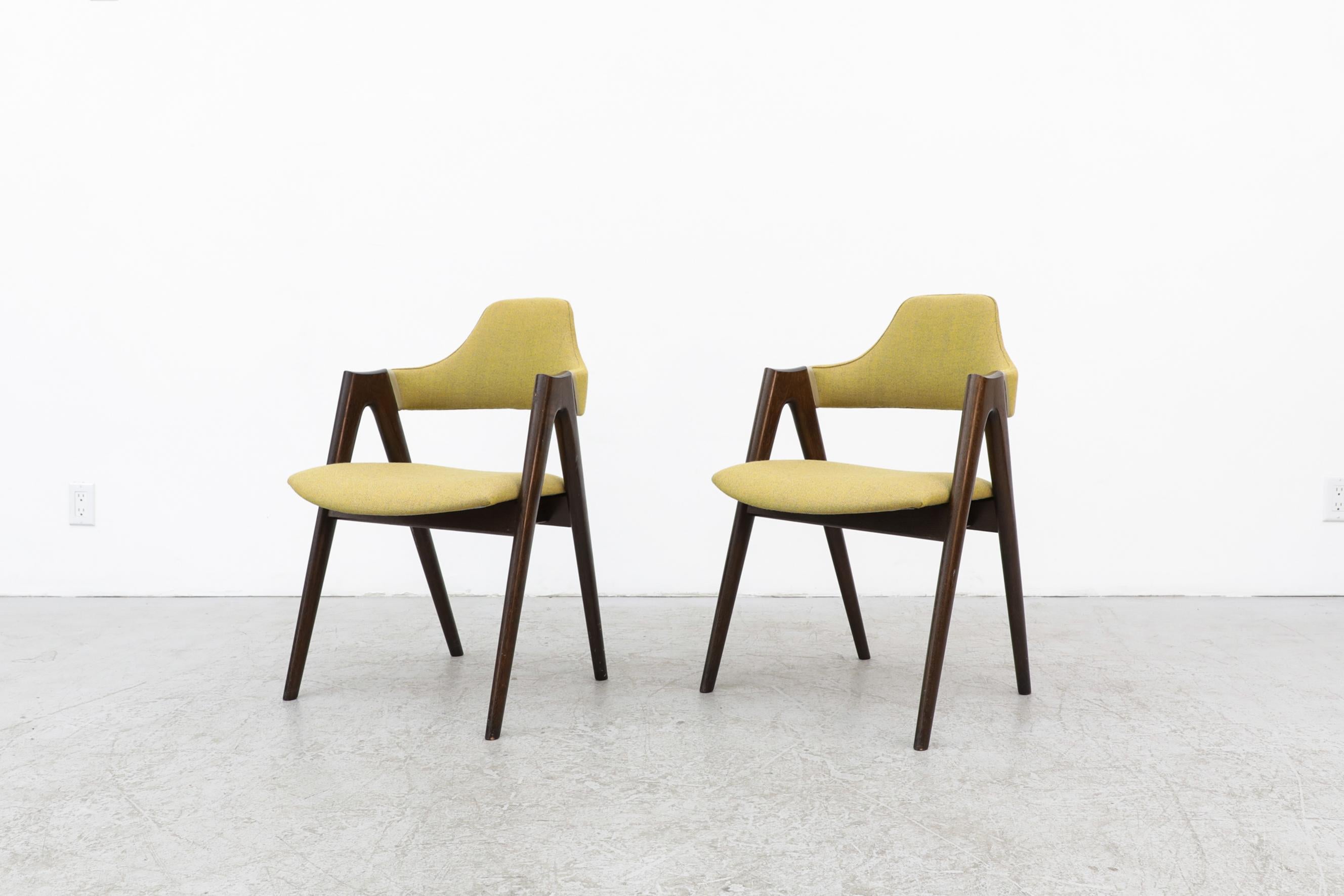 Mid-Century Modern Pair of Kai Kristiansen Dark Stained Wood Framed Compass Chairs in Kiwi Fabric