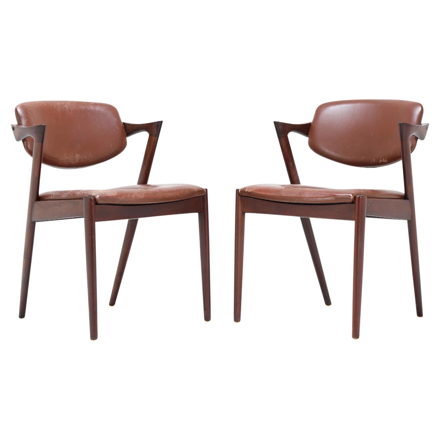 Pair of Kai Kristiansen Model 42 Dining Chairs in Dark Stained Teak