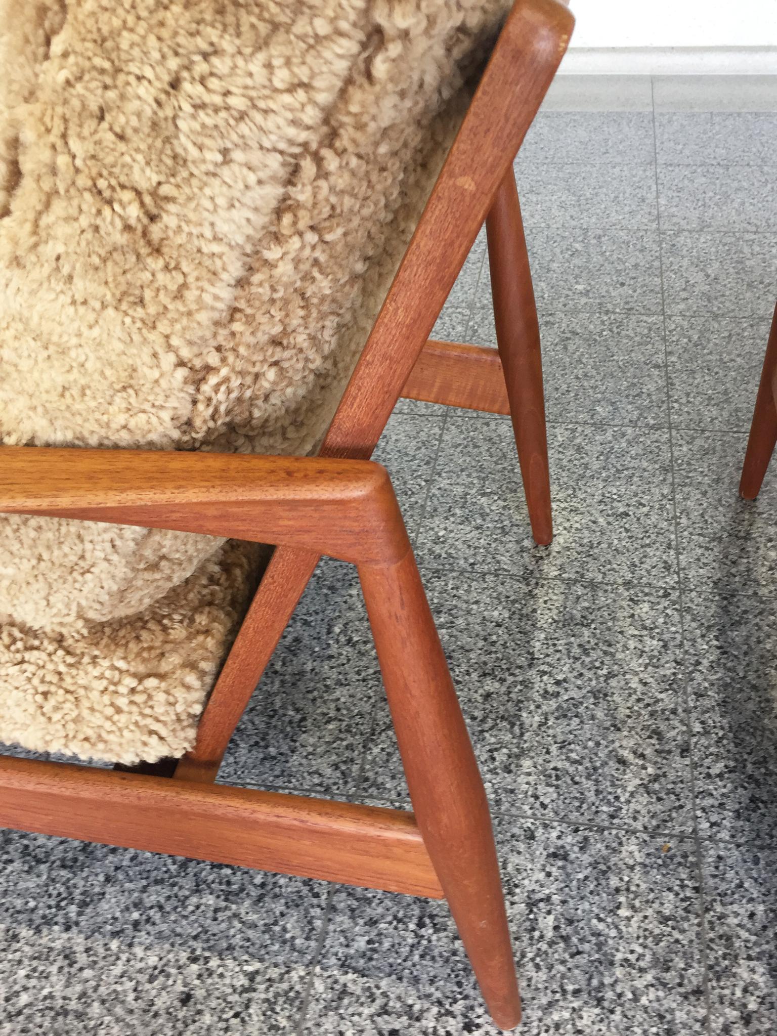 Pair of Kai Kristiansen Teak Easy Chairs with Custom Shearling Upholstery 3