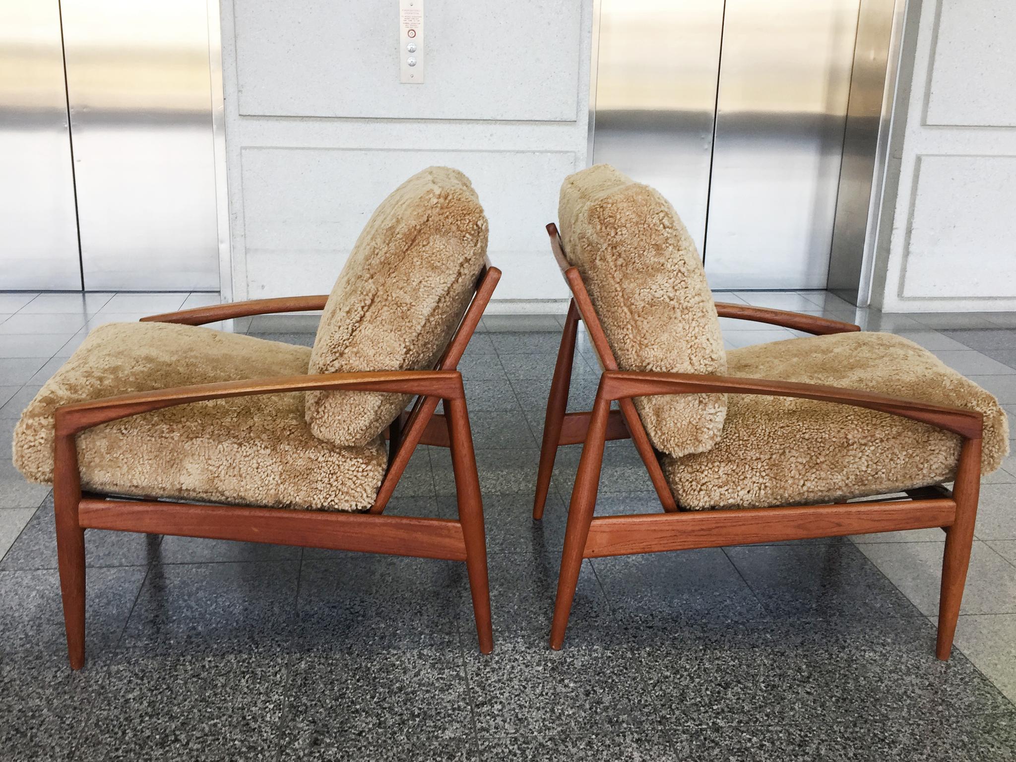 Danish Pair of Kai Kristiansen Teak Easy Chairs with Custom Shearling Upholstery