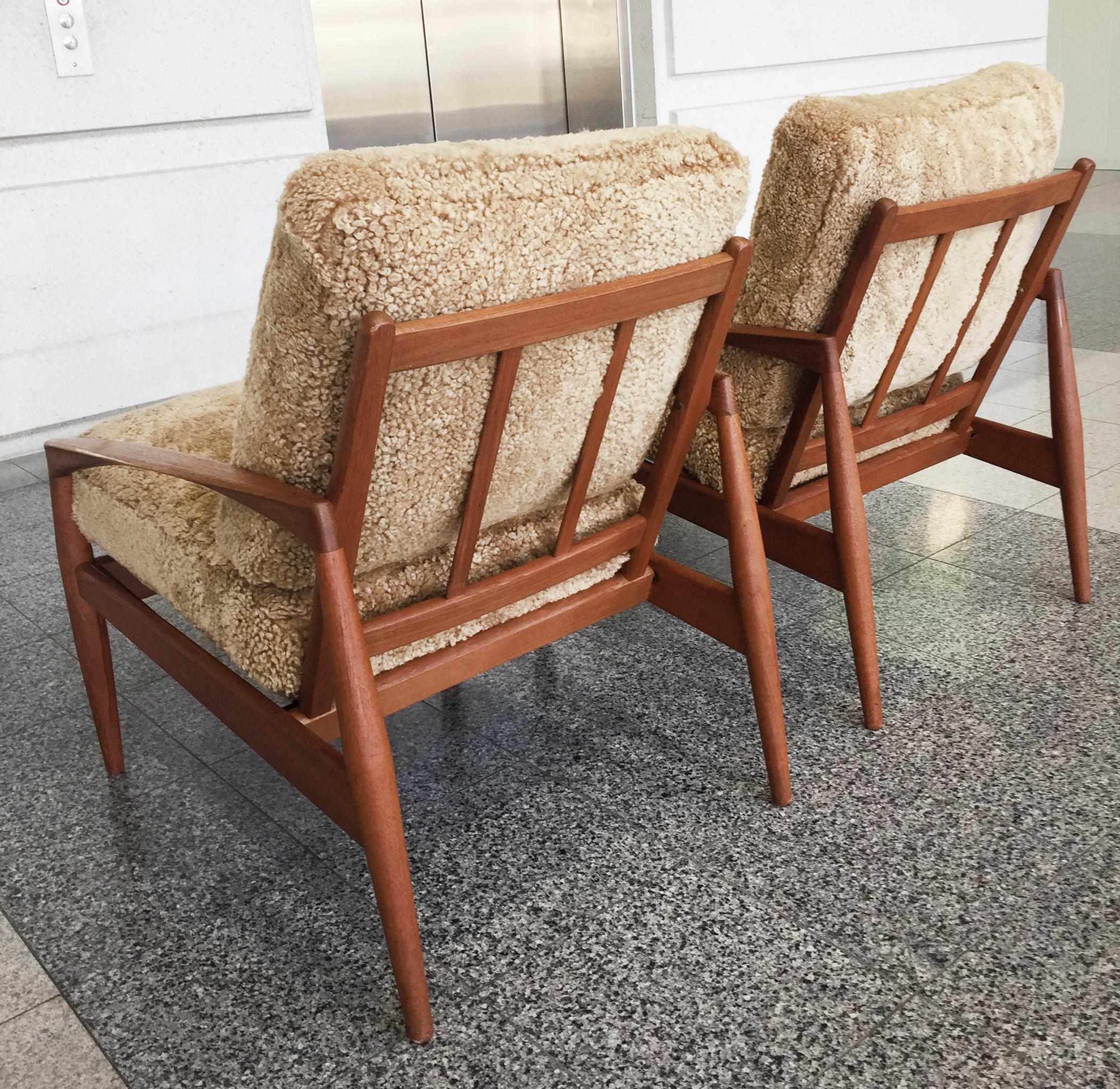 Pair of Kai Kristiansen Teak Easy Chairs with Custom Shearling Upholstery In Good Condition In New York, NY