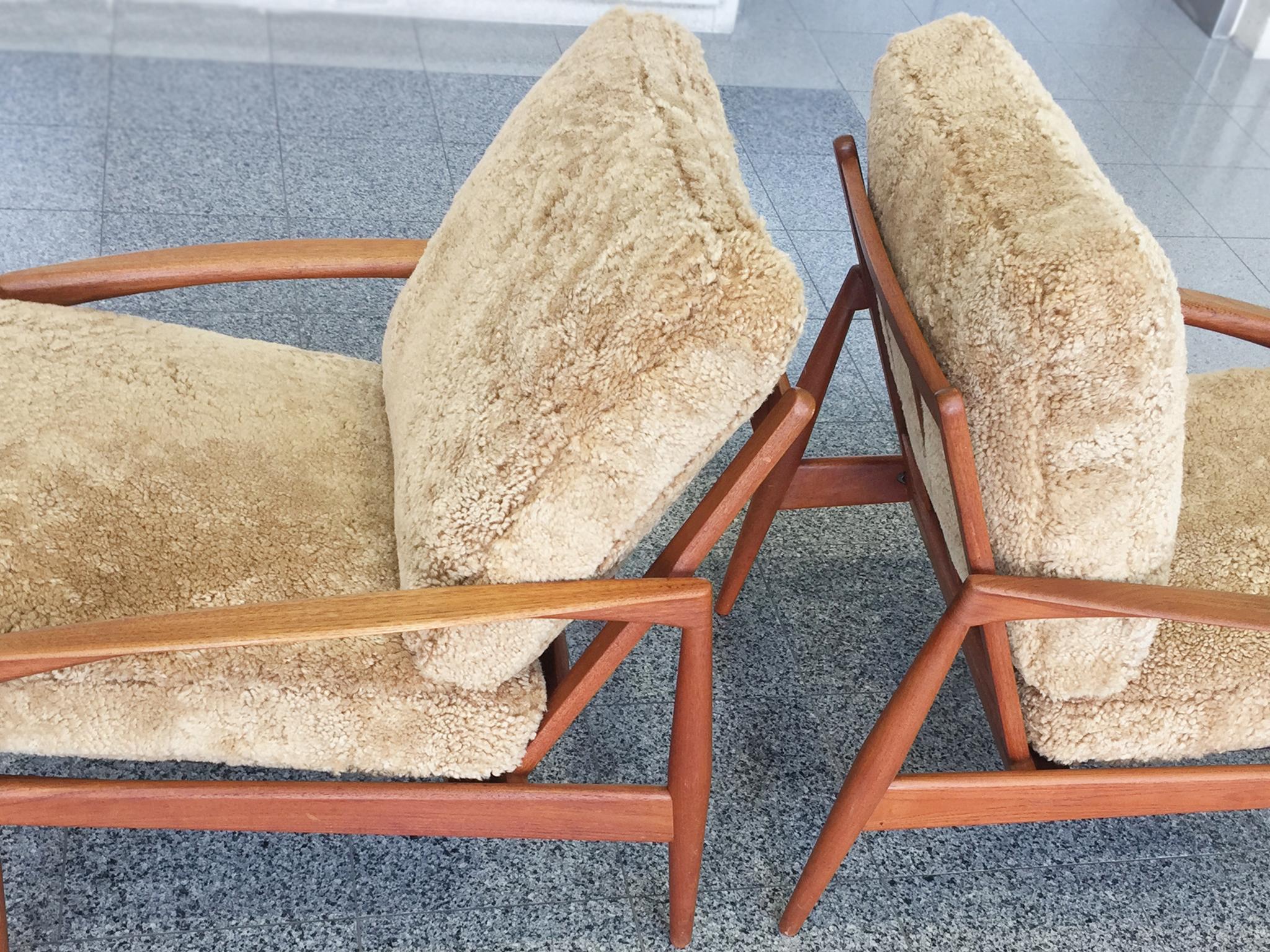 Wool Pair of Kai Kristiansen Teak Easy Chairs with Custom Shearling Upholstery