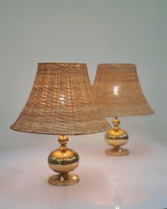 Pair of Kai Ruokonen 'Finnmark' Table Lamps in Brass and Rattan, Lynx 1970s