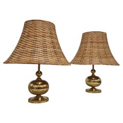 Pair of Kai Ruokonen 'Finnmark' Table Lamps in Brass and Rattan, Lynx 1970s