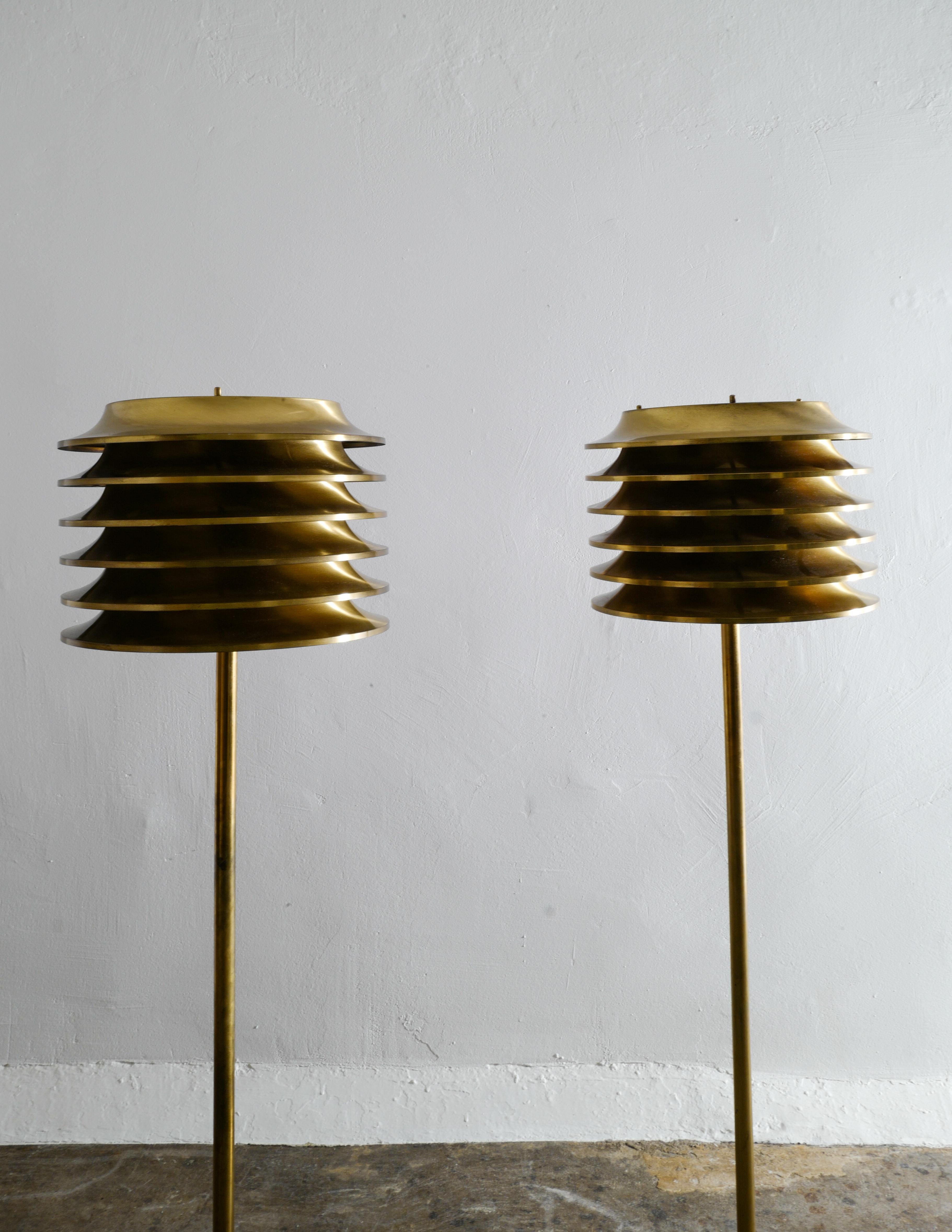 Swedish Pair of Kai Ruokonen Floor Lamps in Brass for Orno Oy, Finland, 1970s