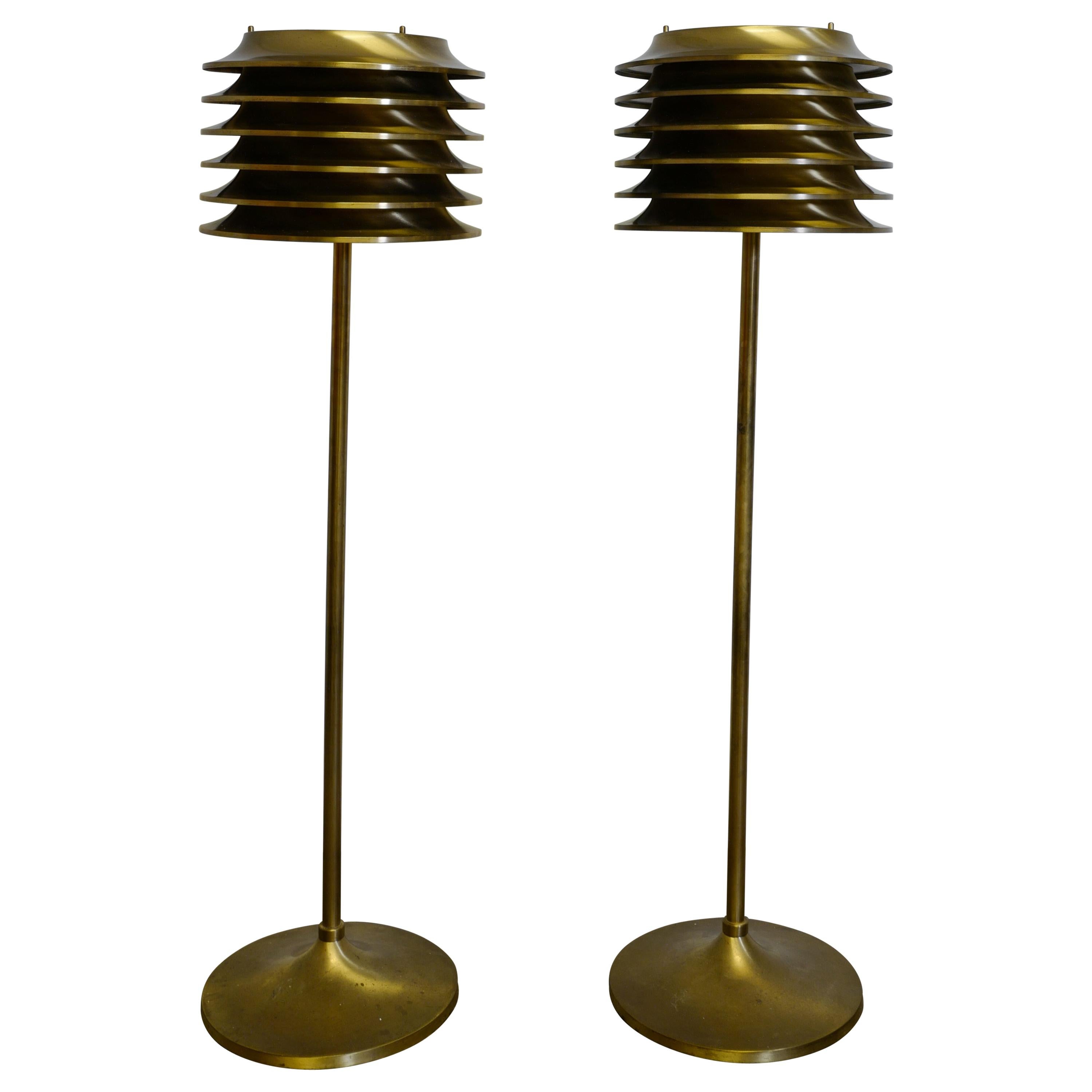 Pair of Kai Ruokonen Floor Lamps in Brass for Orno Oy, Finland, 1970s