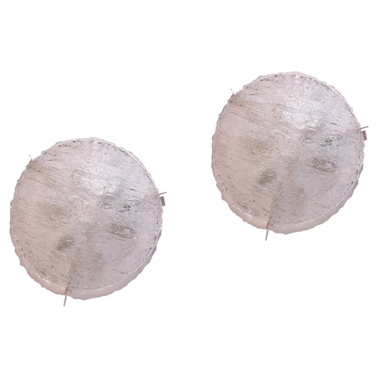 Pair of Kaiser Glass Flush Mount Wall Sconces with Chrome Finials, 1960