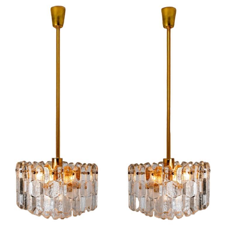 Pair of Kalmar Chandeliers or Pendant Lights 'Palazzo', Gilt Brass and Glass For Sale