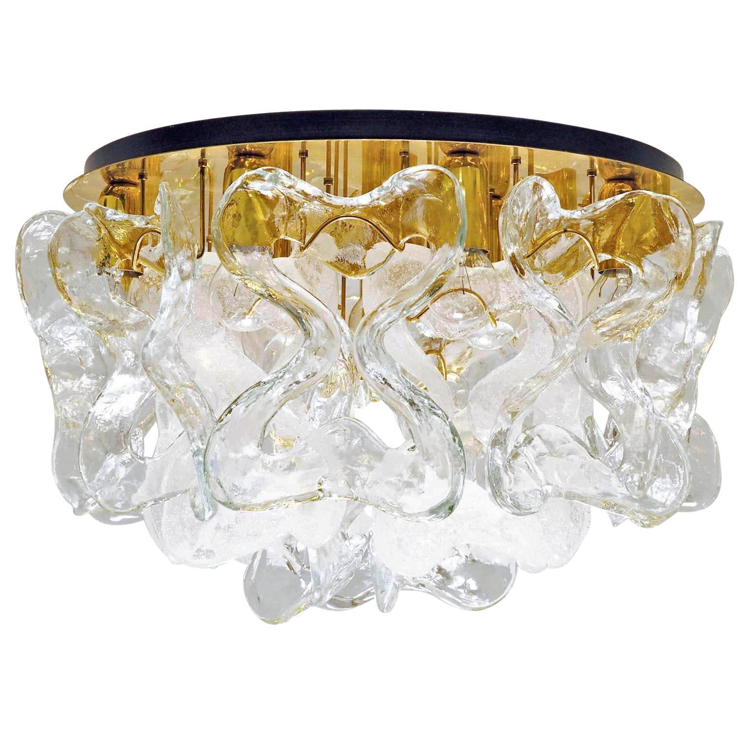 Mid-Century Modern Pair of Kalmar Flush Mount Lights 'Catena', Brass Clear White Murano Glass, 1970 For Sale