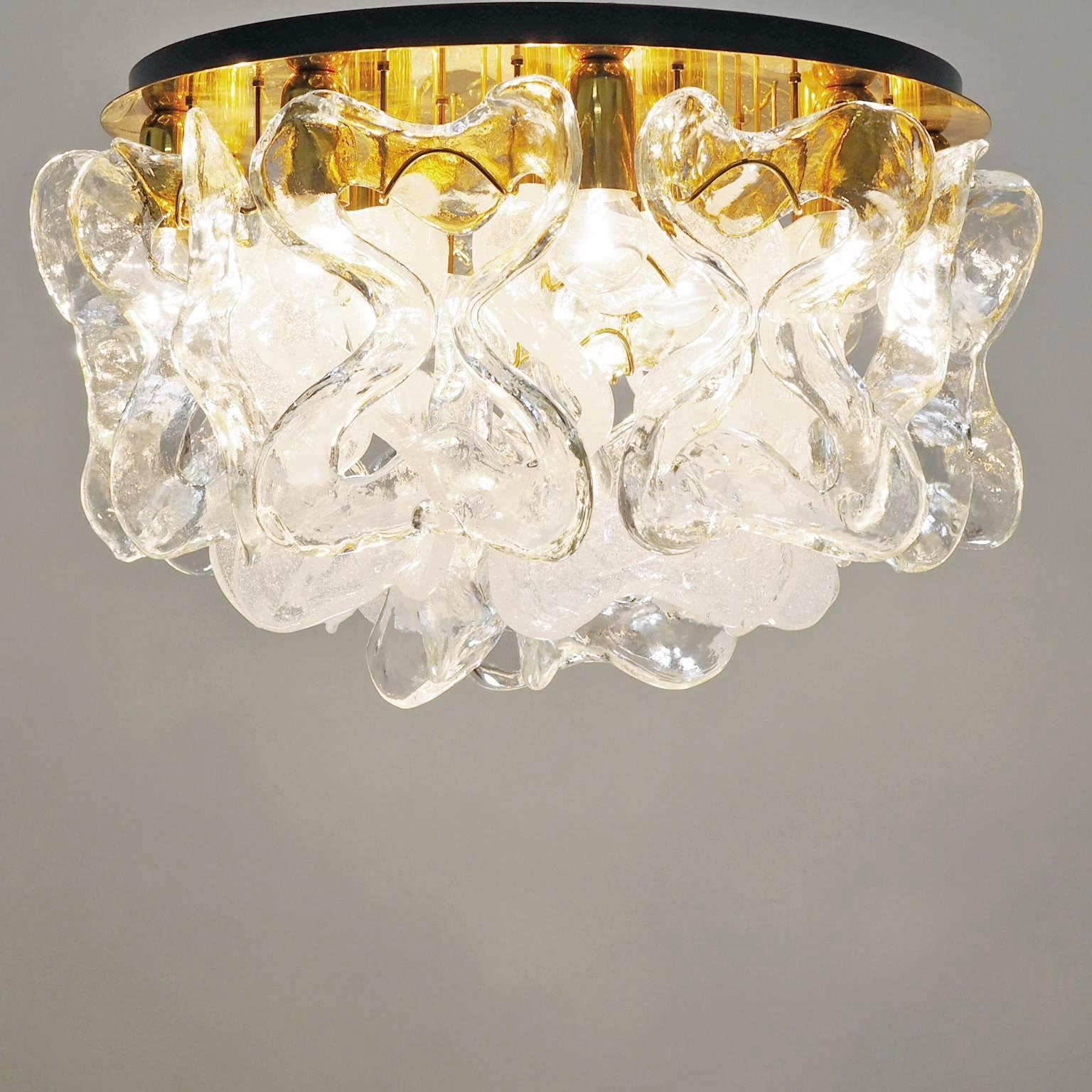 Polished Pair of Kalmar Flush Mount Lights 'Catena', Brass Clear White Murano Glass, 1970 For Sale