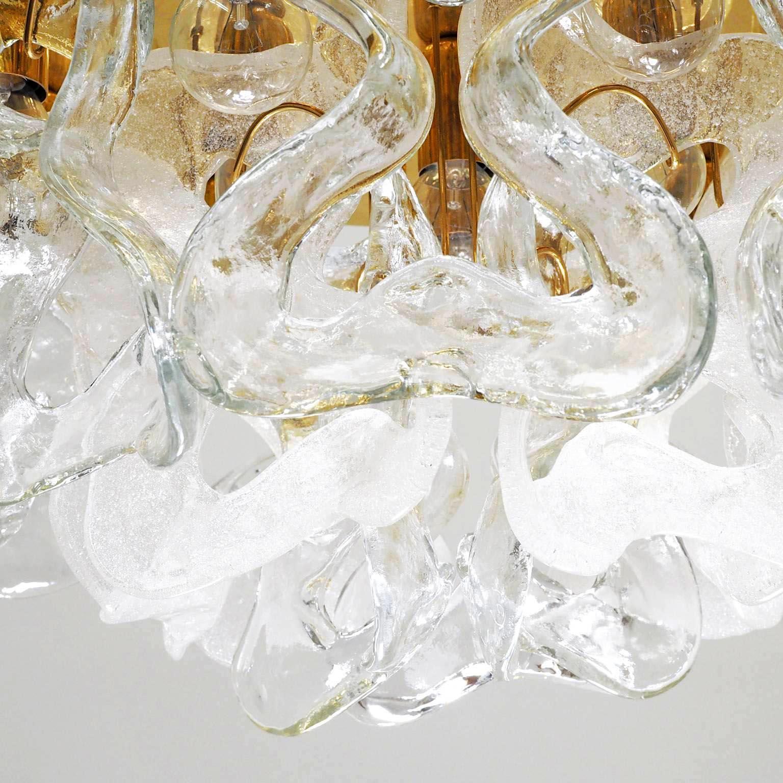 Late 20th Century Pair of Kalmar Flush Mount Lights 'Catena', Brass Clear White Murano Glass, 1970 For Sale