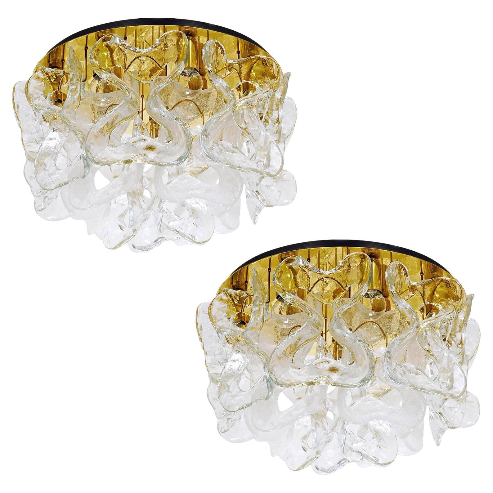 Pair of Kalmar Flush Mount Lights 'Catena', Brass Clear White Murano Glass, 1970 For Sale
