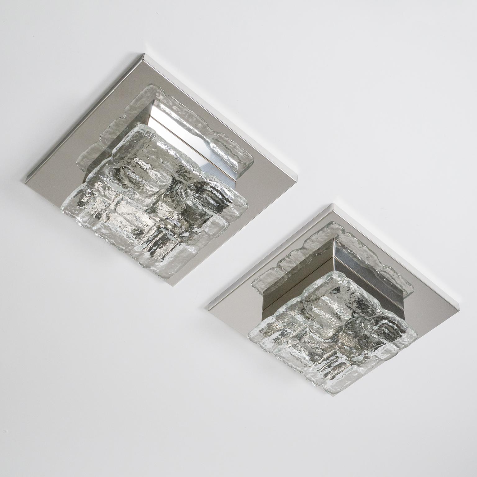 Pair of Kalmar Flush Mounts, 1970s, Textured Glass and Polished Stainless Steel 9