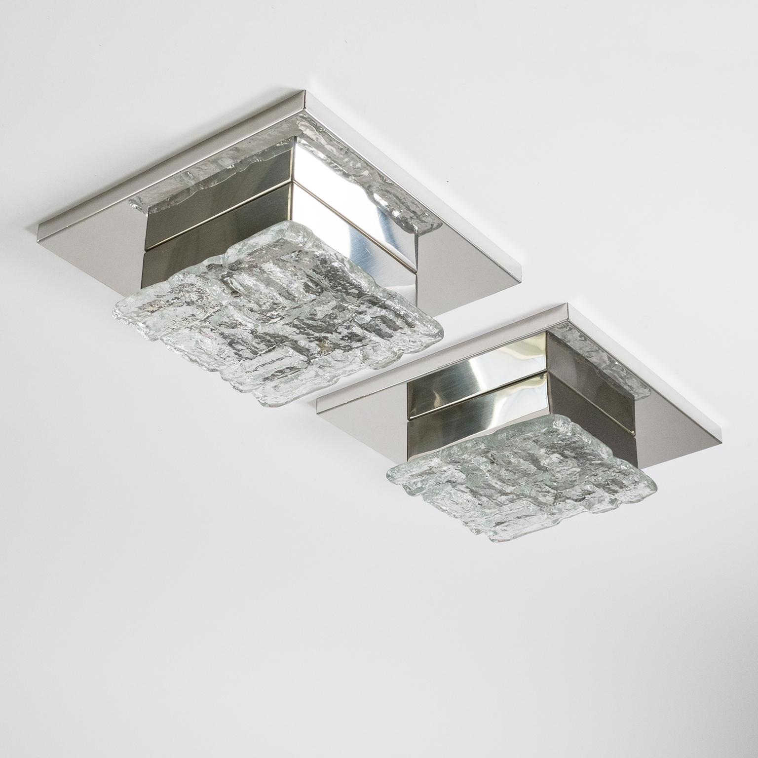 Pair of Kalmar Flush Mounts, 1970s, Textured Glass and Polished Stainless Steel 9