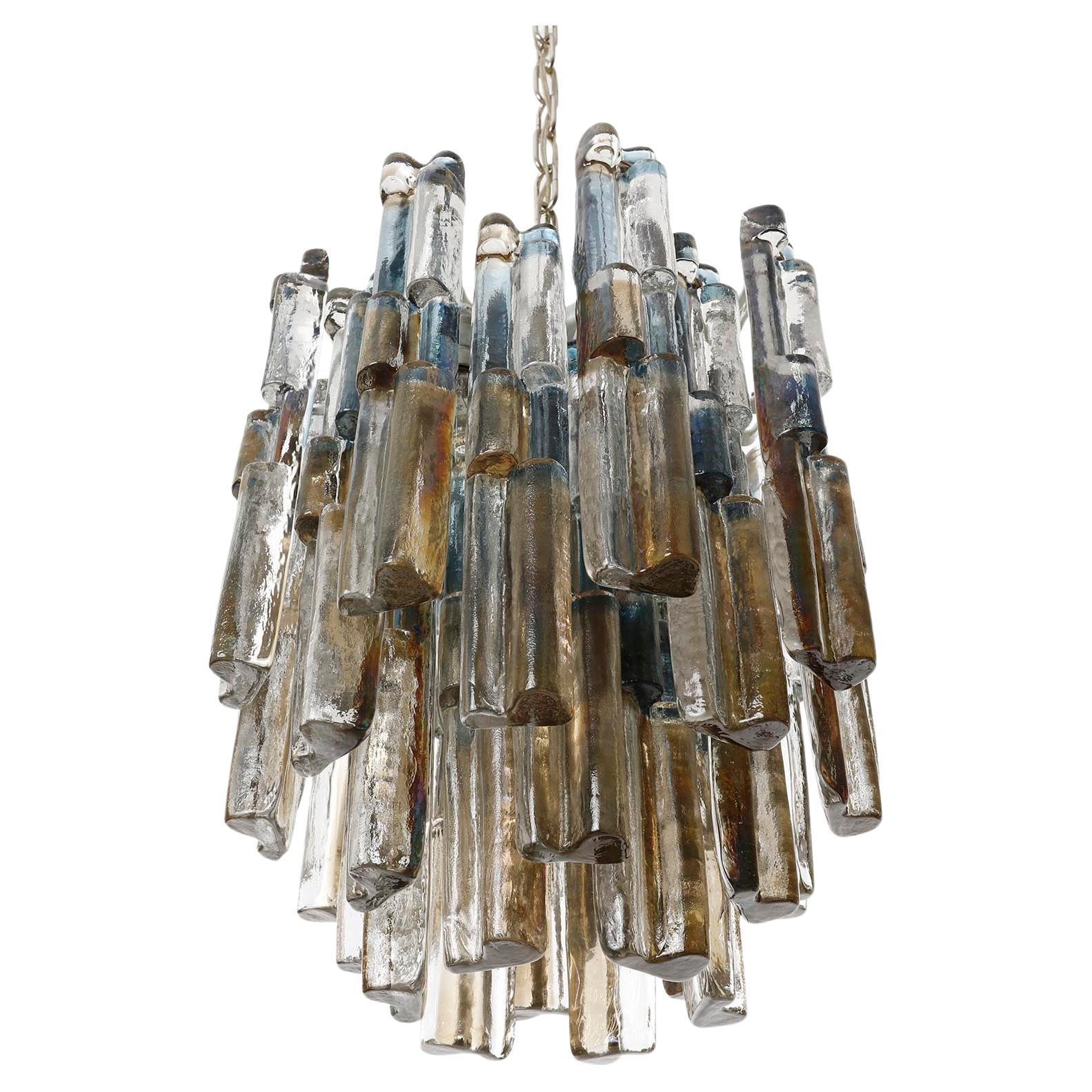 Paar Kalmar Glass Chandeliers Pendelleuchten, Blau-Bernsteinglas Nickel, 1970er Jahre (Österreichisch) im Angebot