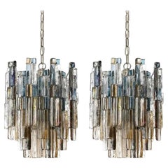 Pair of Kalmar Glass Chandeliers Pendant Lights, Blue Amber Glass Nickel, 1970s