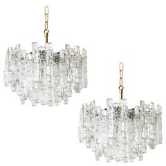 Vintage Pair of Kalmar Ice Glass Chandeliers Pendant Lights, 1970