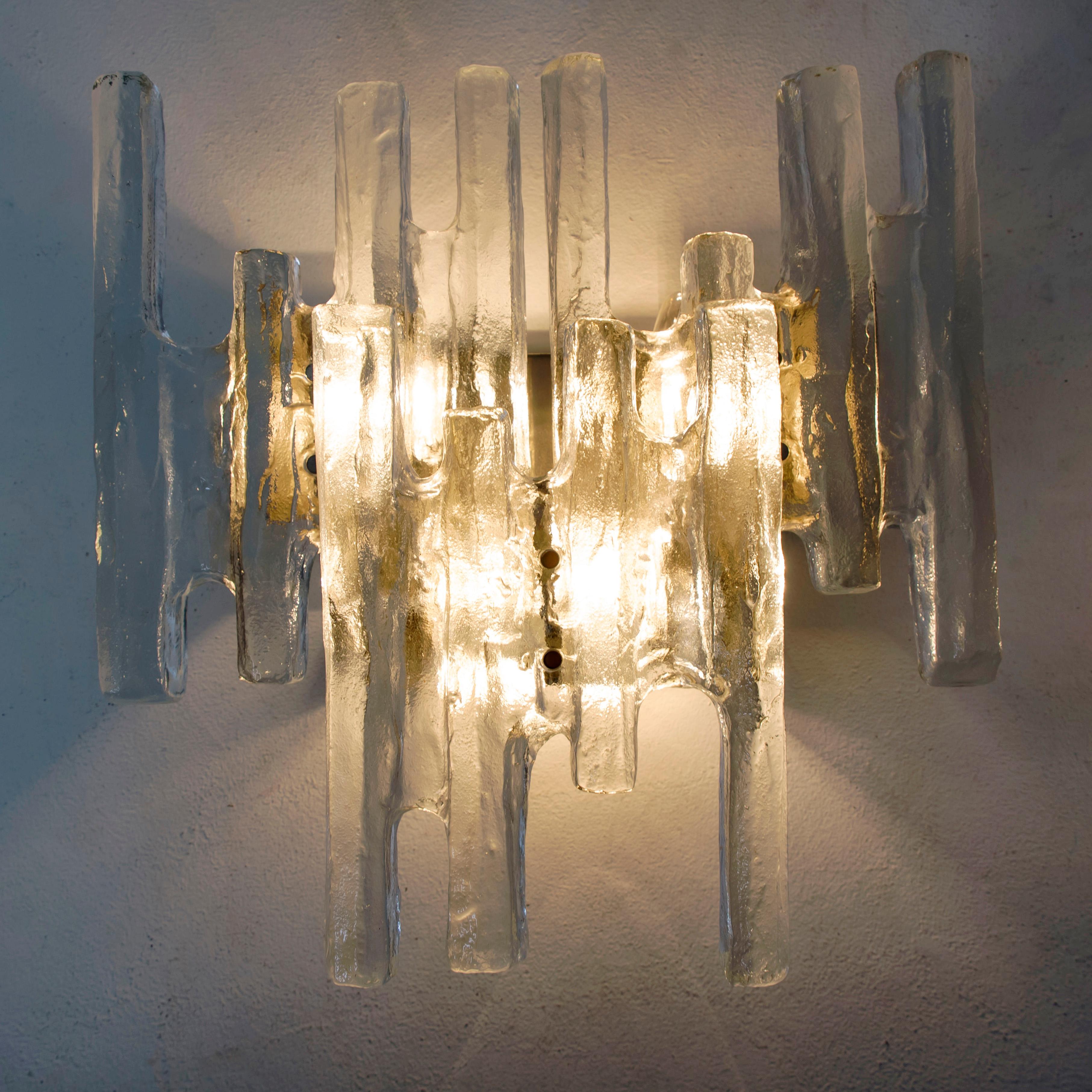 Austrian Pair of Kalmar Ice Glass Wall Sconce by J.T. Kalmar, Austria, 1970s For Sale