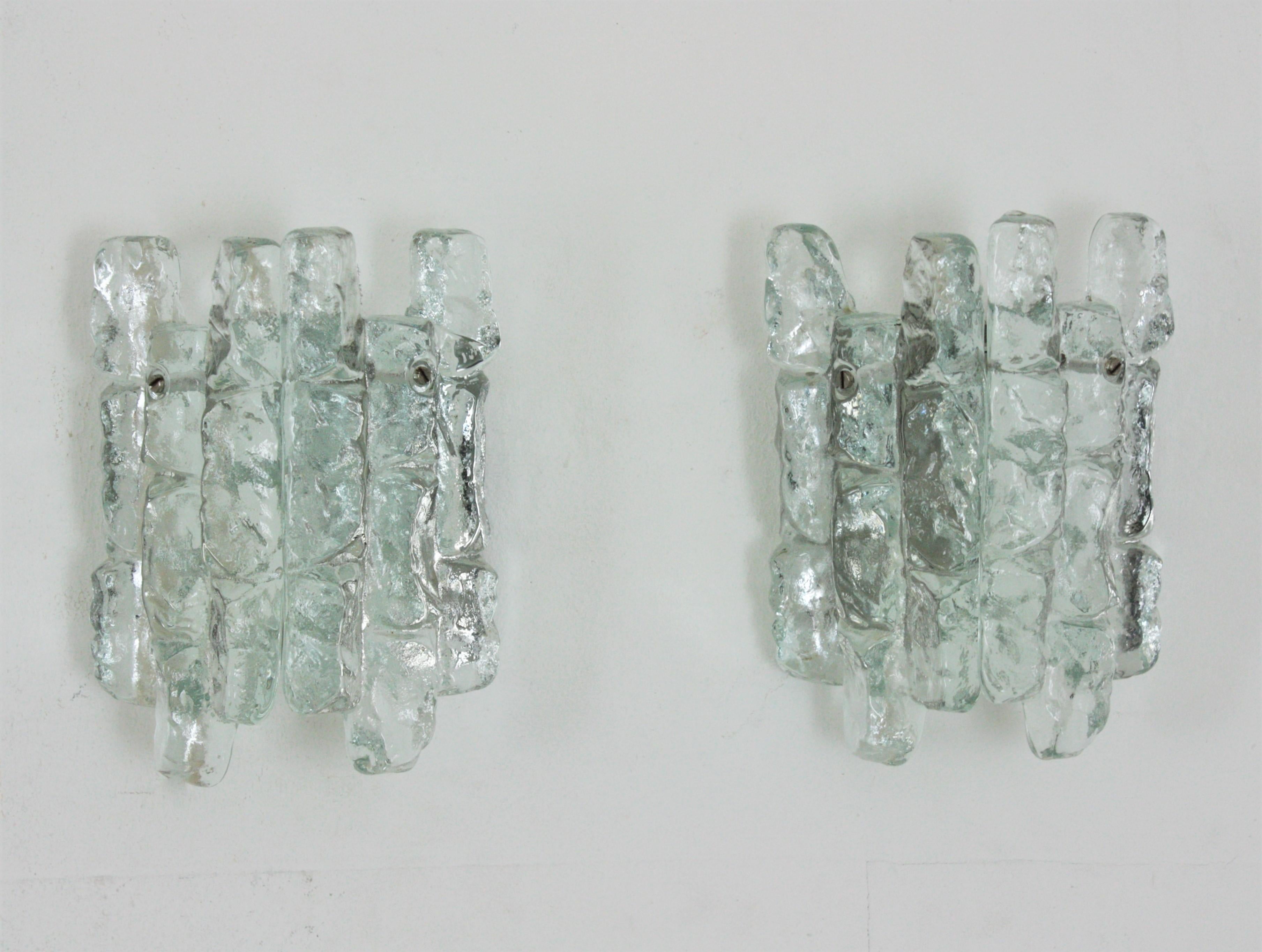 Mid-Century Modern Pair of Kalmar Ice Glass Wall Sconces, 1960s For Sale
