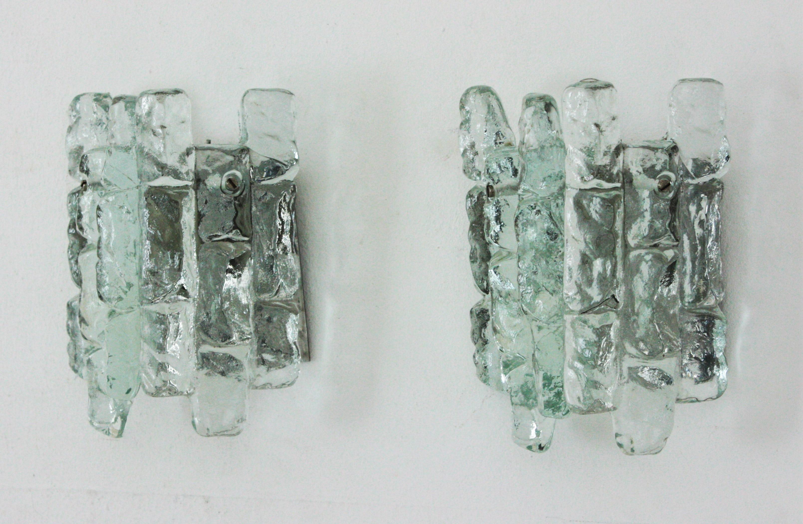 Austrian Pair of Kalmar Ice Glass Wall Sconces, 1960s For Sale