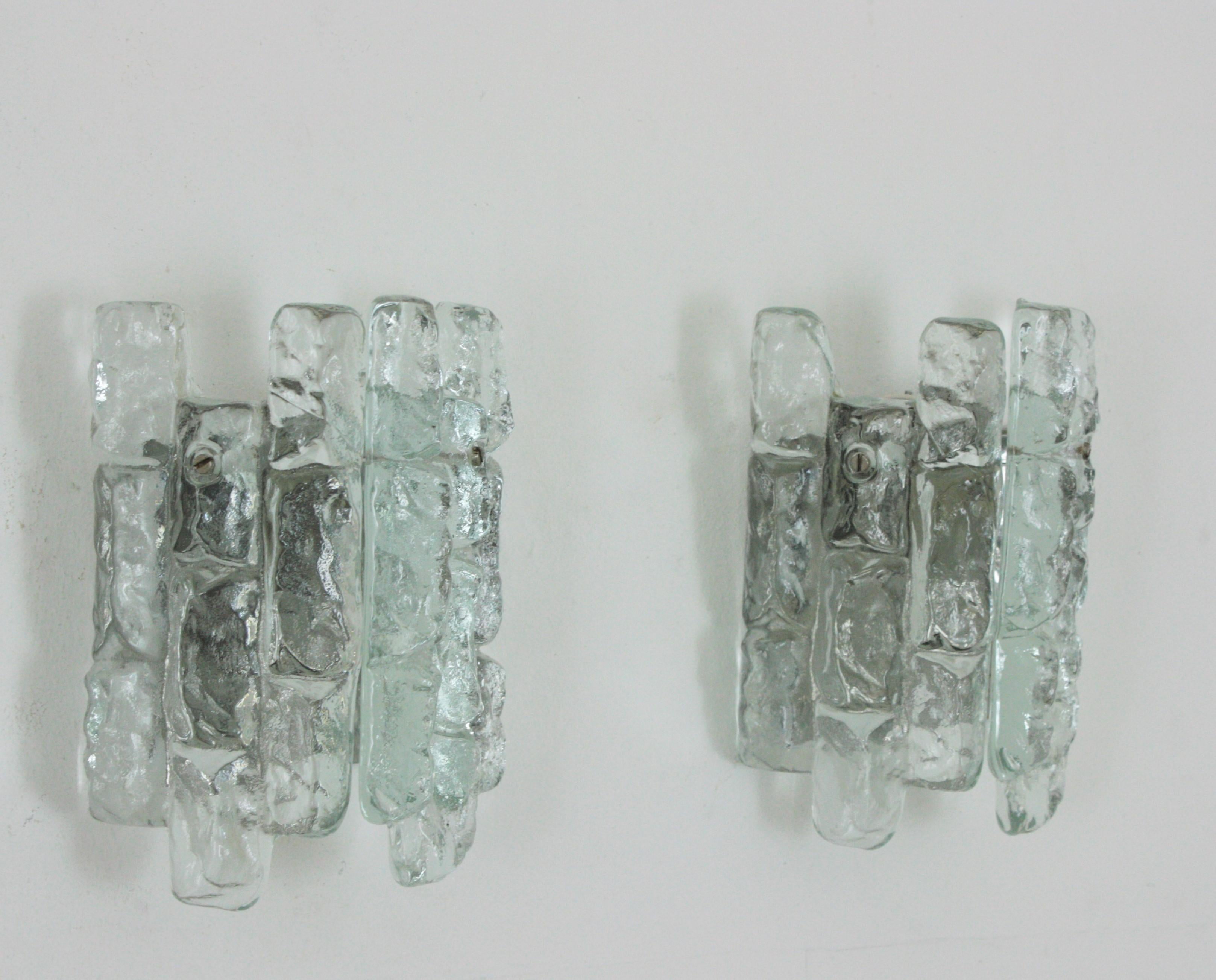 20th Century Pair of Kalmar Ice Glass Wall Sconces, 1960s For Sale