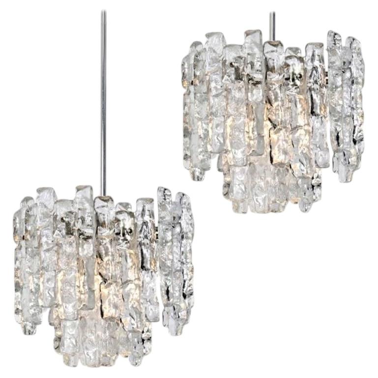 Pair of Kalmar Modern Ice Glass Pendants, 1970 For Sale