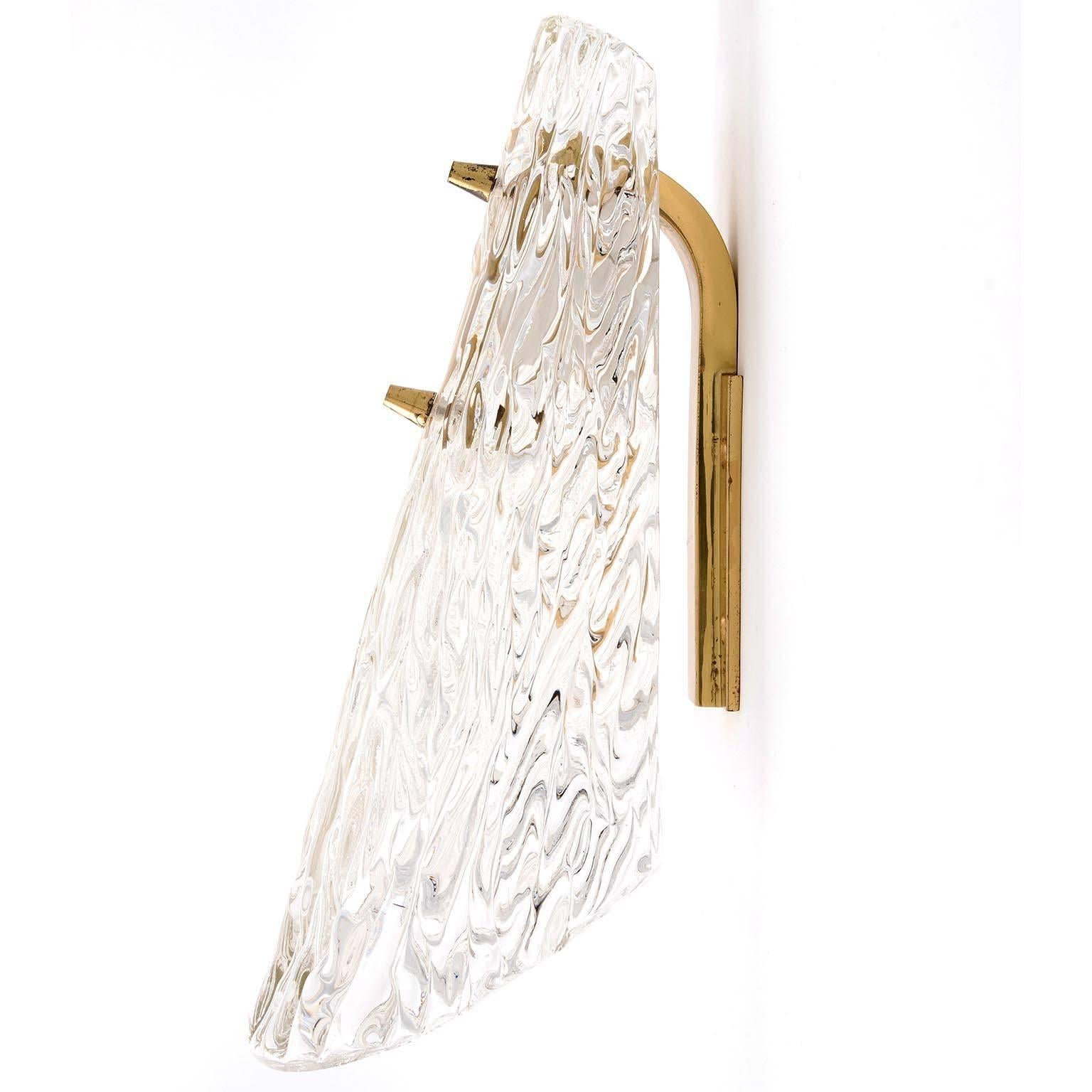 Austrian Pair of Kalmar Sconces, Textured Glass Brass, 1960