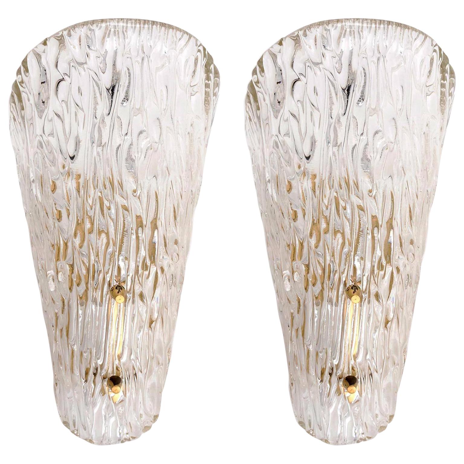 Pair of Kalmar Sconces, Textured Glass Brass, 1960