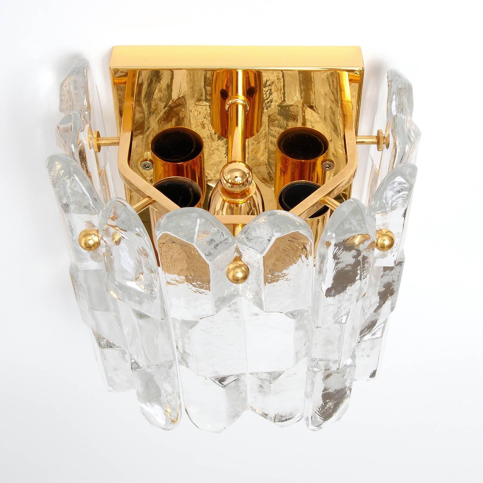 Hollywood Regency Pair of Kalmar Sconces Wall Lights 'Palazzo', Glass Gilt Brass, 1970s For Sale