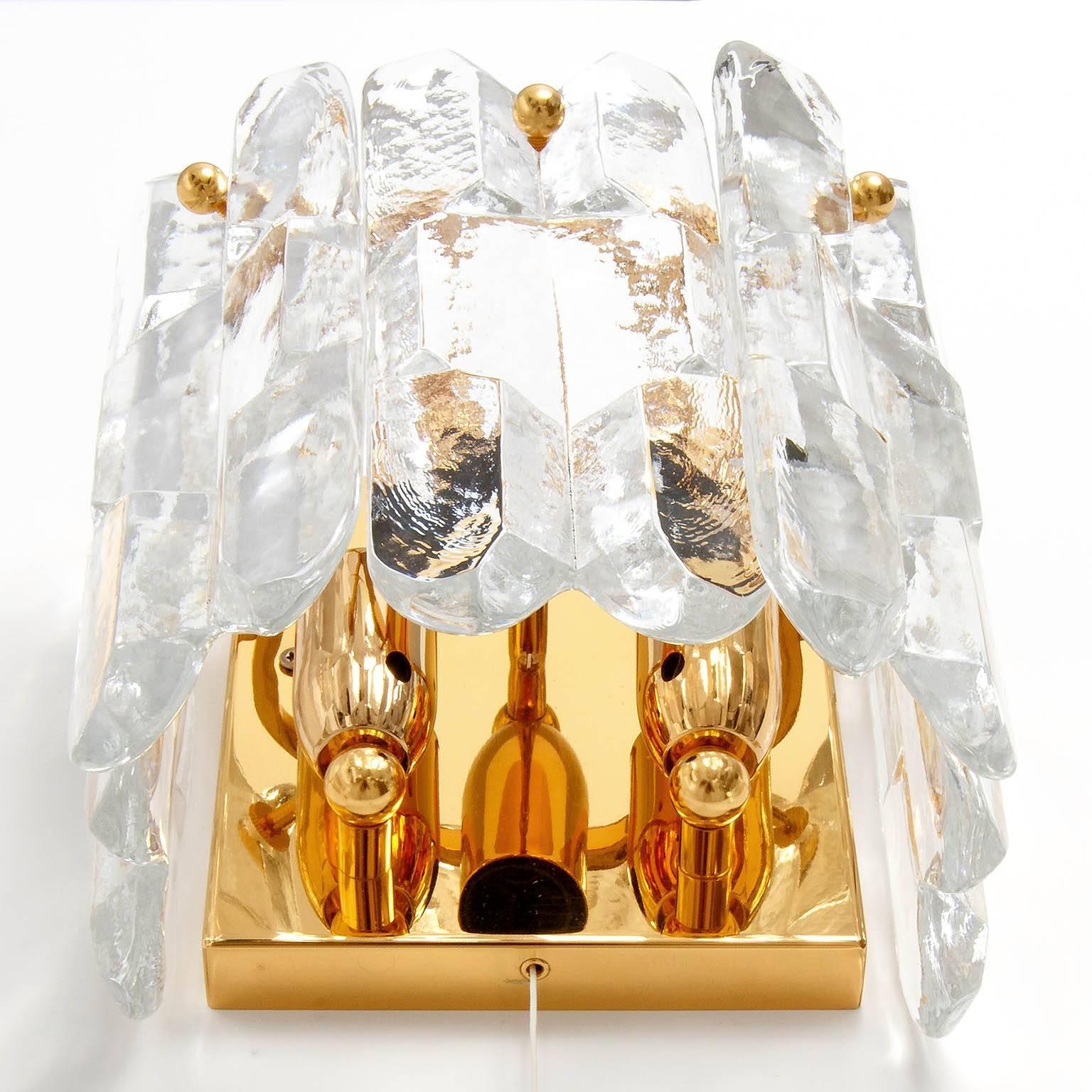 Austrian Pair of Kalmar Sconces Wall Lights 'Palazzo', Glass Gilt Brass, 1970s For Sale