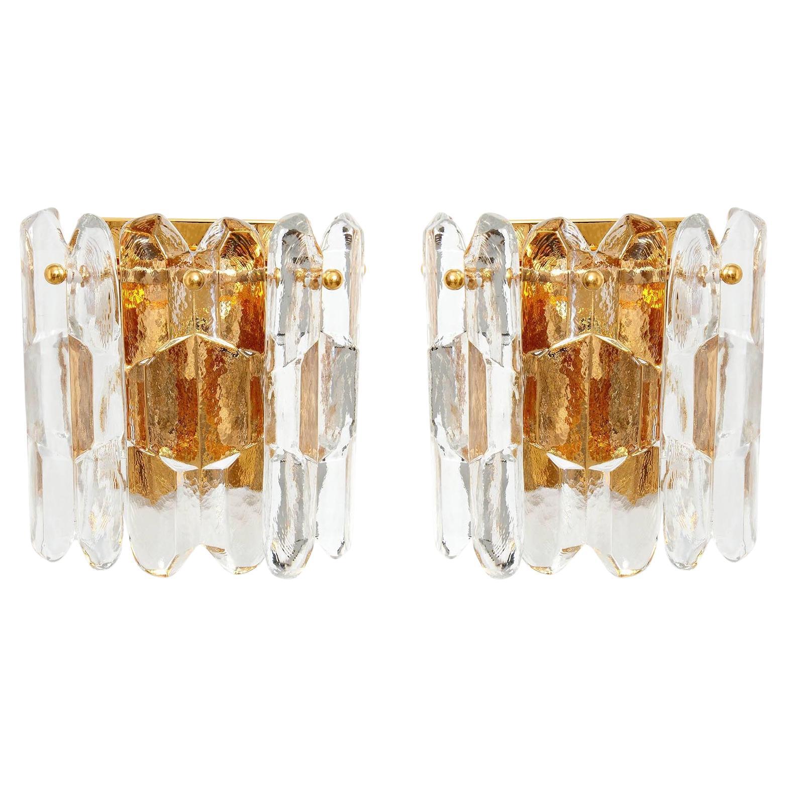 Pair of Kalmar Sconces Wall Lights 'Palazzo', Glass Gilt Brass, 1970s