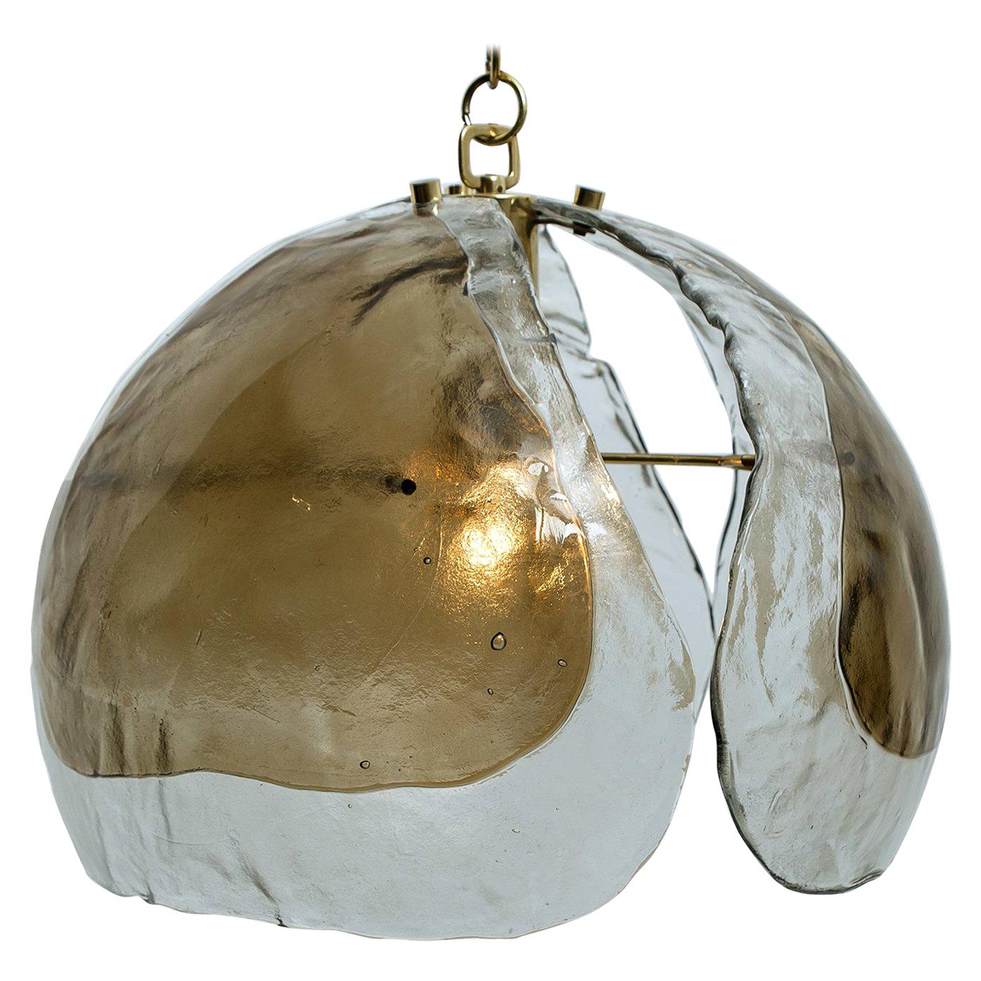 Austrian Pair of Kalmar Style Pendant Lights, Smoked Glass and Brass, 1970s