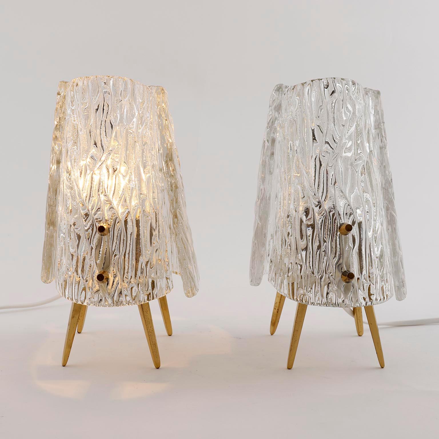Pair of Kalmar Table Lamps, Brass and Textured Glass, 1960 4