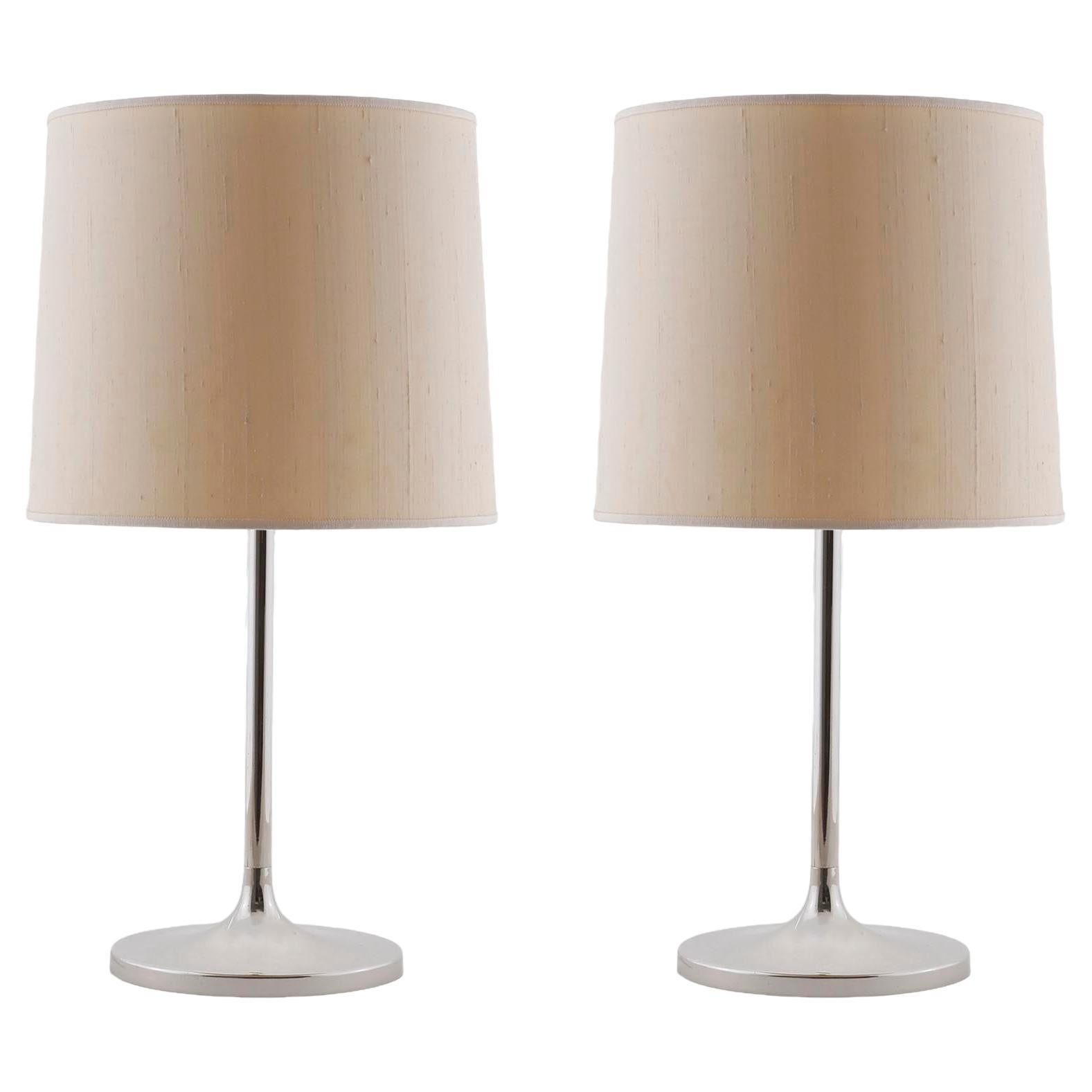 Pair of Kalmar Table Lamps with Tulip Base, Polished Nickel, Beige Shade, 1970 For Sale