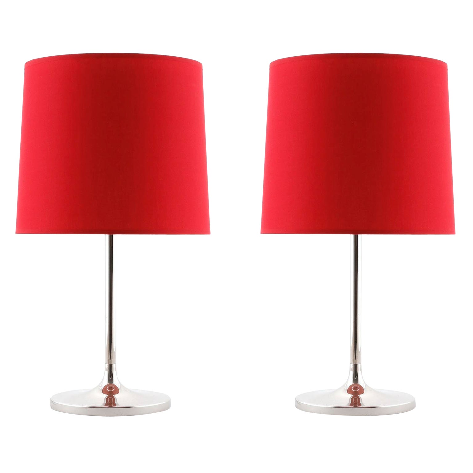 Pareja de lámparas de mesa Kalmar con base de tulipán, níquel pulido, pantallas rojas, años 70