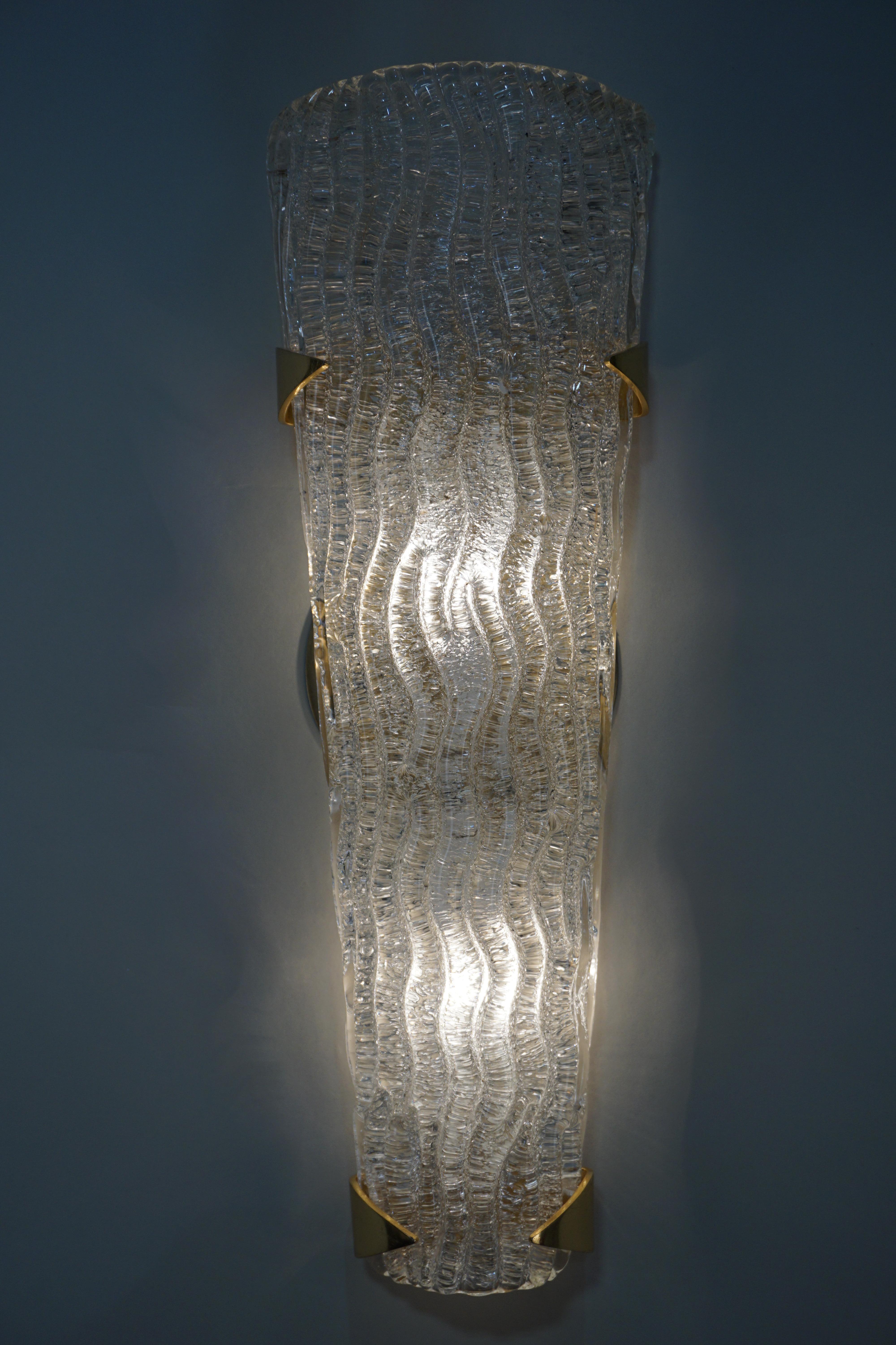 Bronze Pair of Kalmar Textured Glass Wall Sconces
