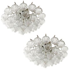 Pair of Kalmar 'Tulipan' Flush Mount Lights Chandeliers, Glass Brass Metal, 1970