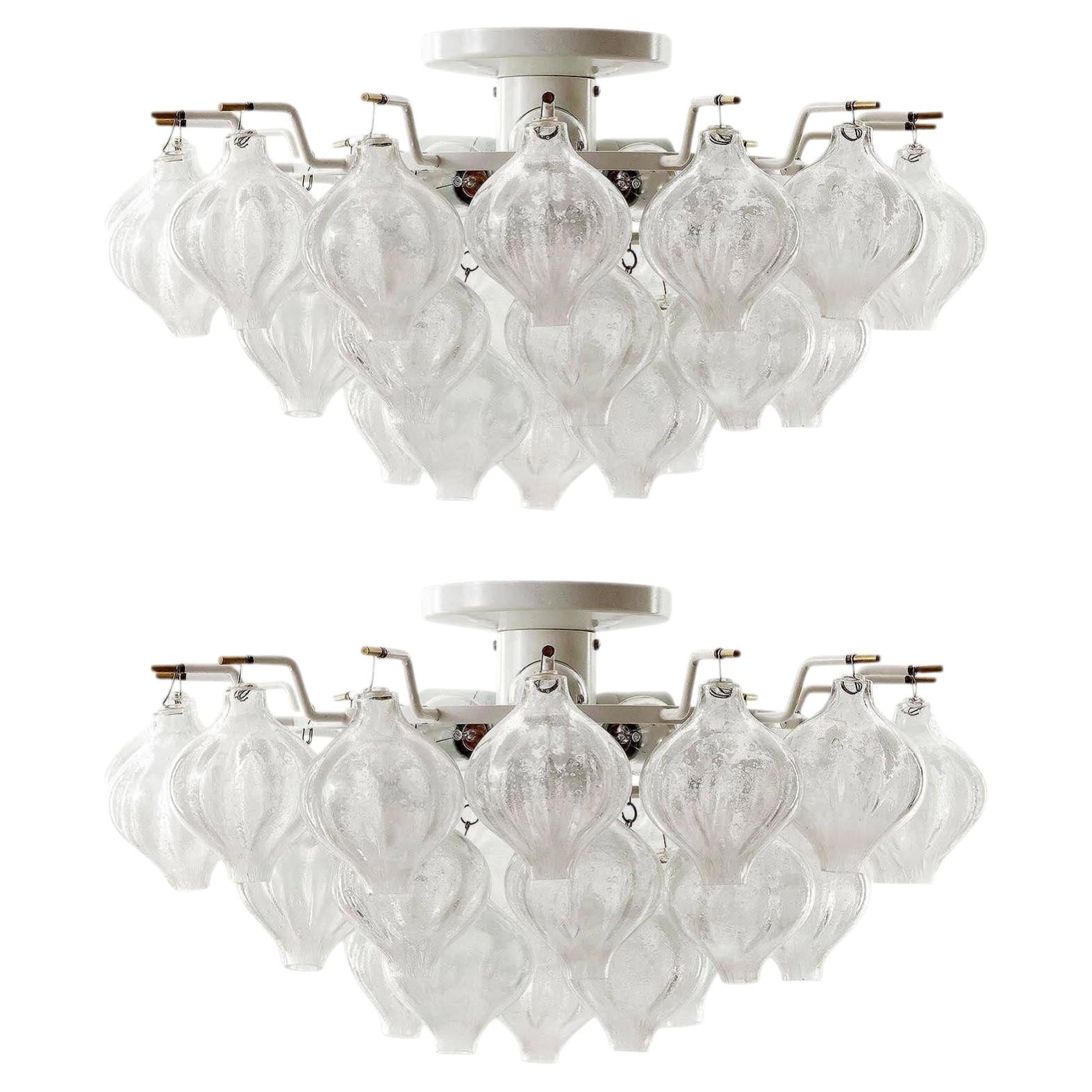 Pair of Kalmar 'Tulipan' Flush Mount Lights Chandeliers, Glass Brass Metal, 1970