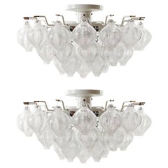 Pair of Kalmar 'Tulipan' Flush Mount Lights Chandeliers, Glass Brass Metal, 1970