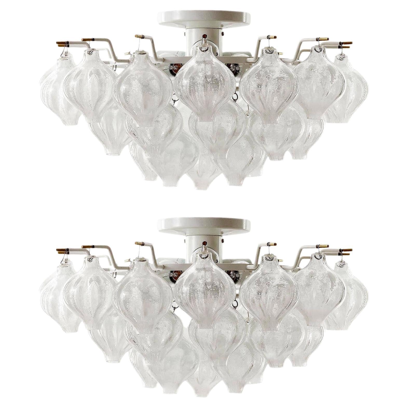 Pair of Kalmar 'Tulipan' Flush Mount Lights Chandeliers, Glass Brass Metal 1970s For Sale