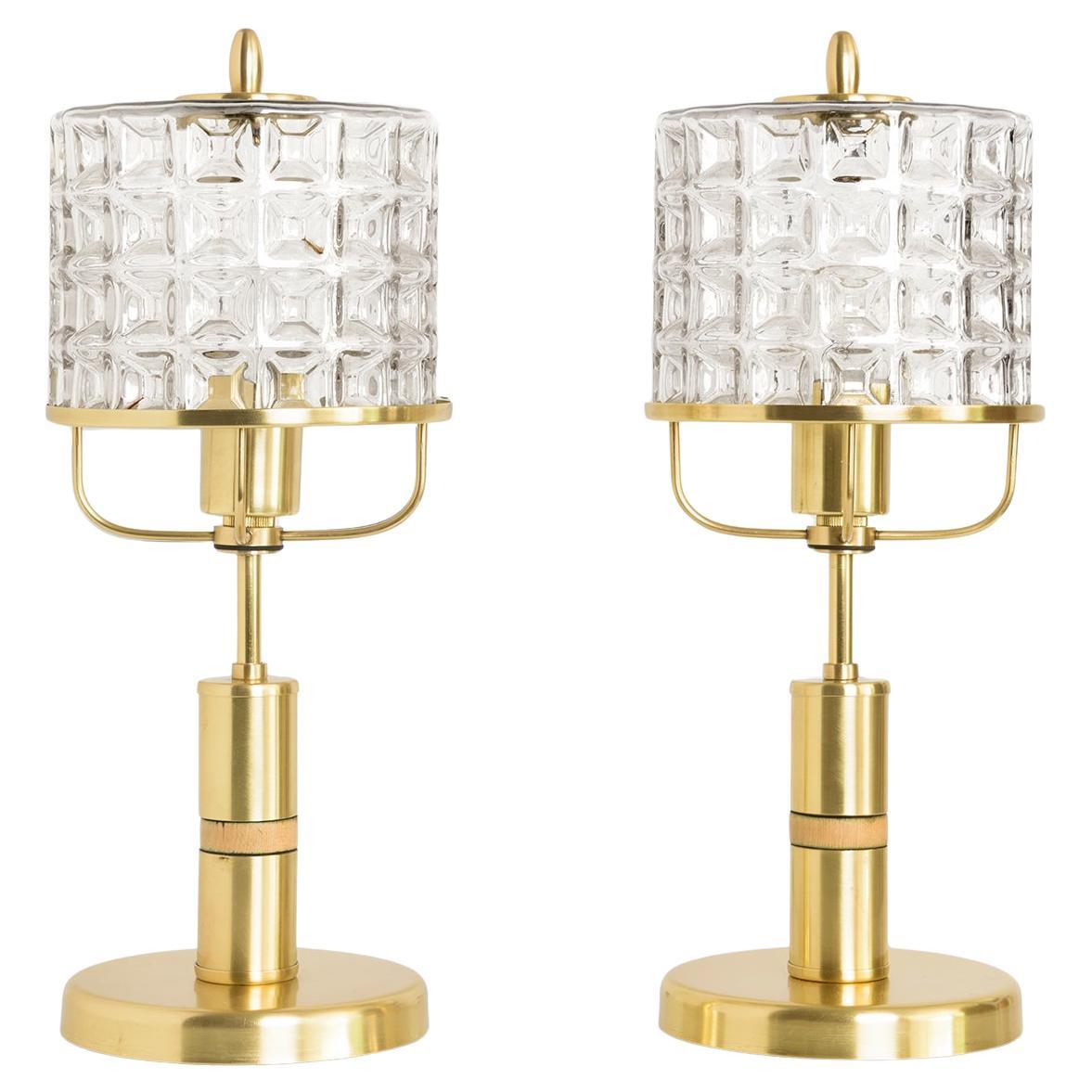 Pair of Kamenicky Senov mid-century Modern table lamps in brass glass shades